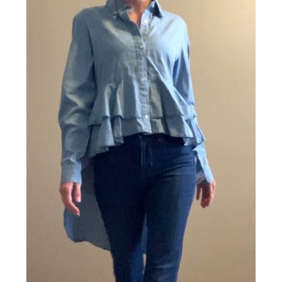 NWT Peplum Peacock‎ Skirt 100% Cotton Button Down Blouse Women M Light Blue Boho - Picture 1 of 12